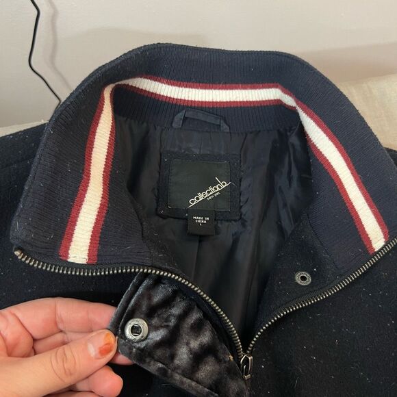 Collection B Navy Blue Speckled Velvet Trim Coat Size Large - Picture 8 of 12